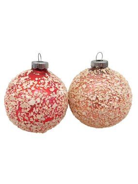 Vintage Shiny Brite Mica Glitter Glass Christmas Ornaments Red & Pink Set Of 2
